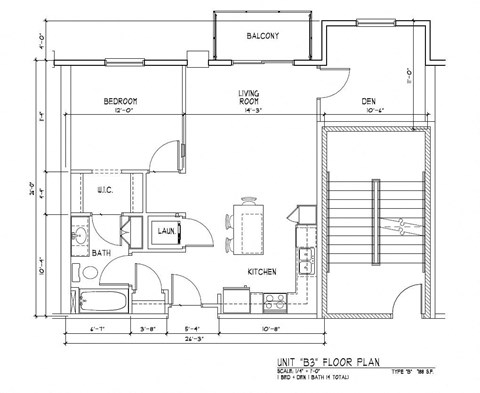 Floor plan for 1 bed, 1 bath, 788 sqft